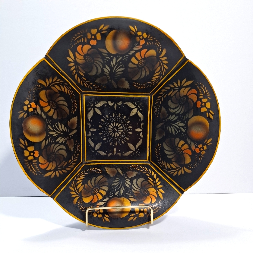 Antique Stenciled Tin Toleware Bowl Floral/Fruit Design Black & Gold Folk Art